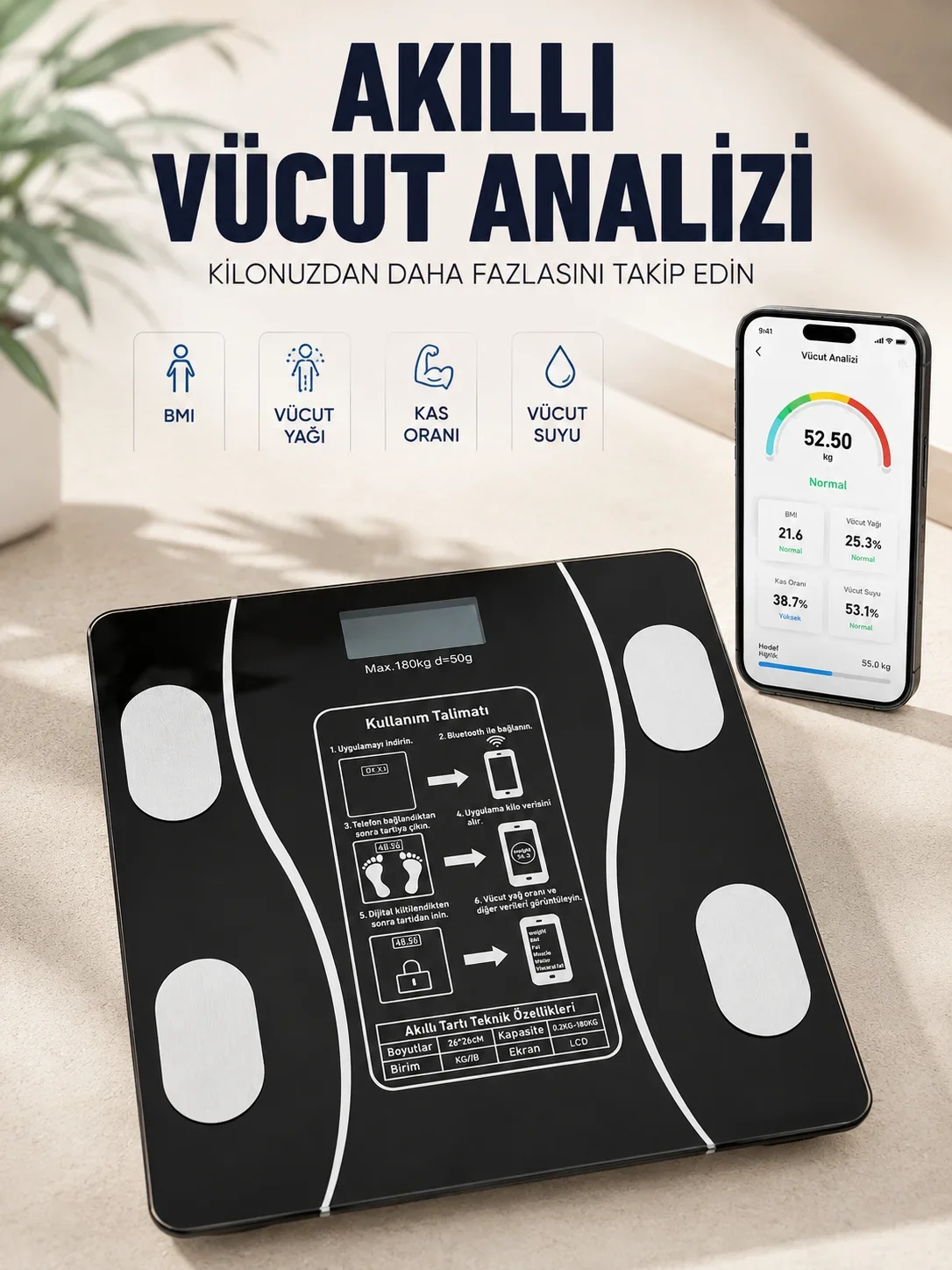Akıllı Vücut iz Baskülü Bluetooth Bağlantılı 4 Sensörlü LCD Ekranlı Dijital Tartı