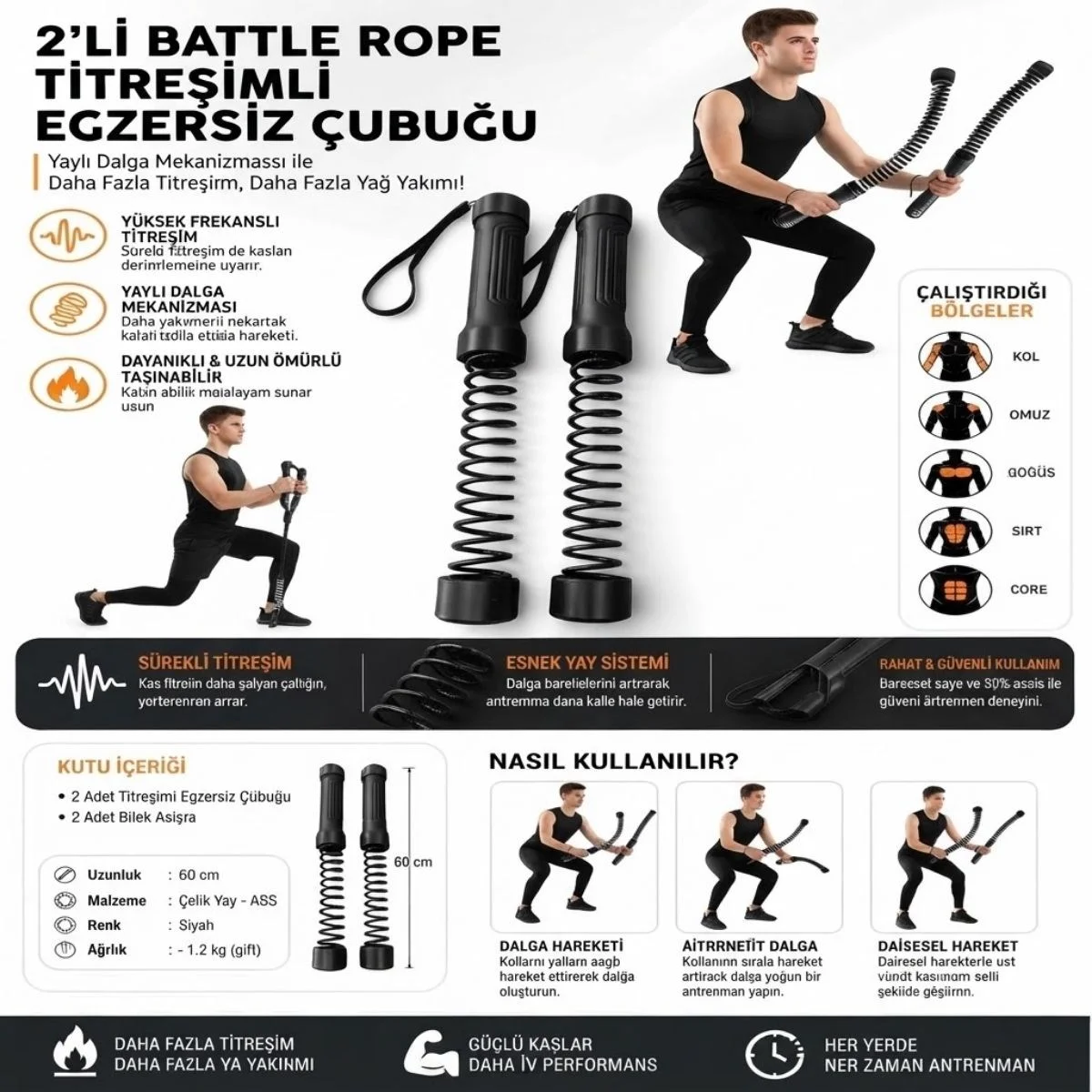2'li Battle Rope Titreşimli Egzersiz Çubuğu, Yaylı Dalga Mekanizmalı Kol, Omuz, Göğüs, Sırt ve Core Antrenman Aleti görsel 5