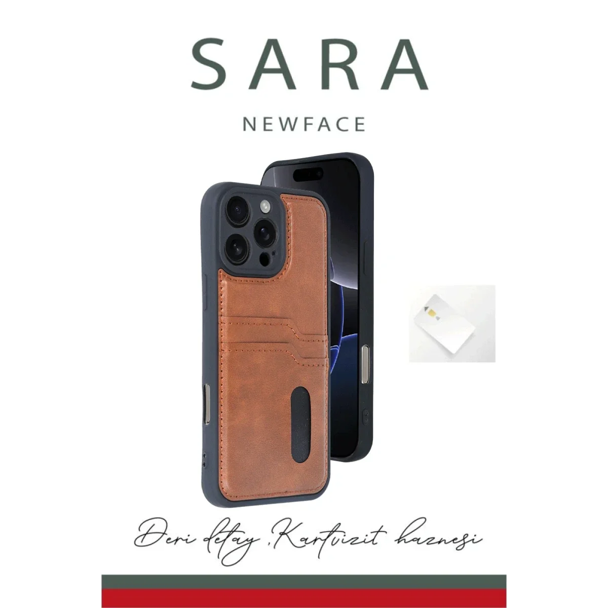 Apple iPhone 16 Pro Kılıf Sara Kartvizitli Deri Kılıf - Kırmızı görsel 3