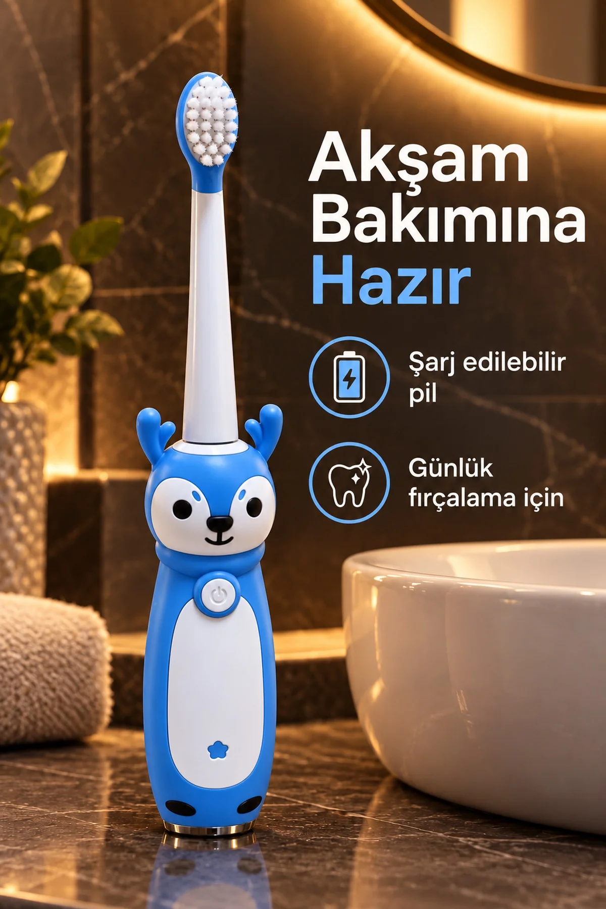 Çocuk Elektrikli Diş Fırçası Mavi Geyik Figürlü Şarjlı görsel 4