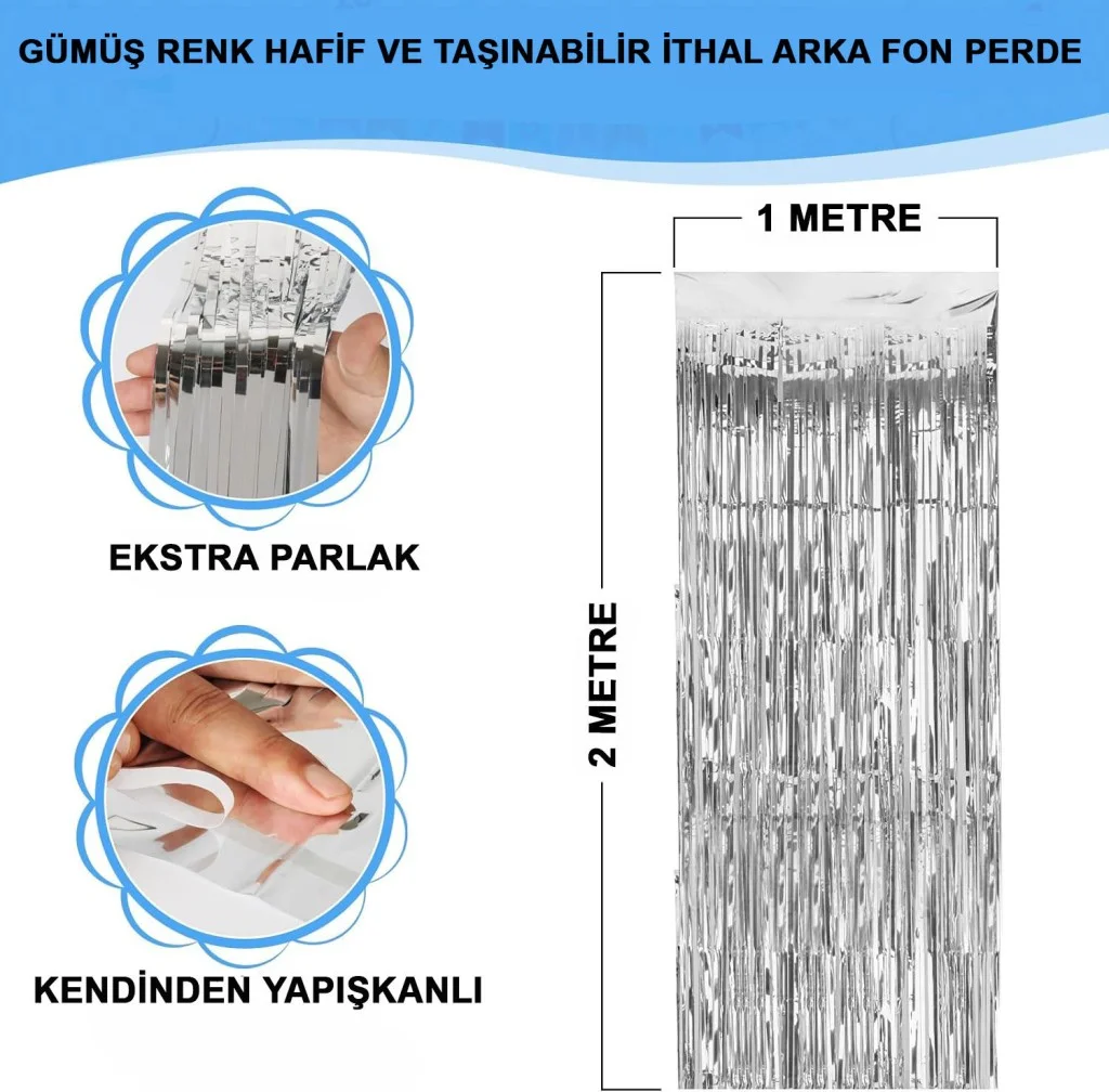 Gümüş Renk Ekstra Metalize Parlak Saçaklı Arka Fon Perde İthal A Kalite 1x2 Metre görsel 2