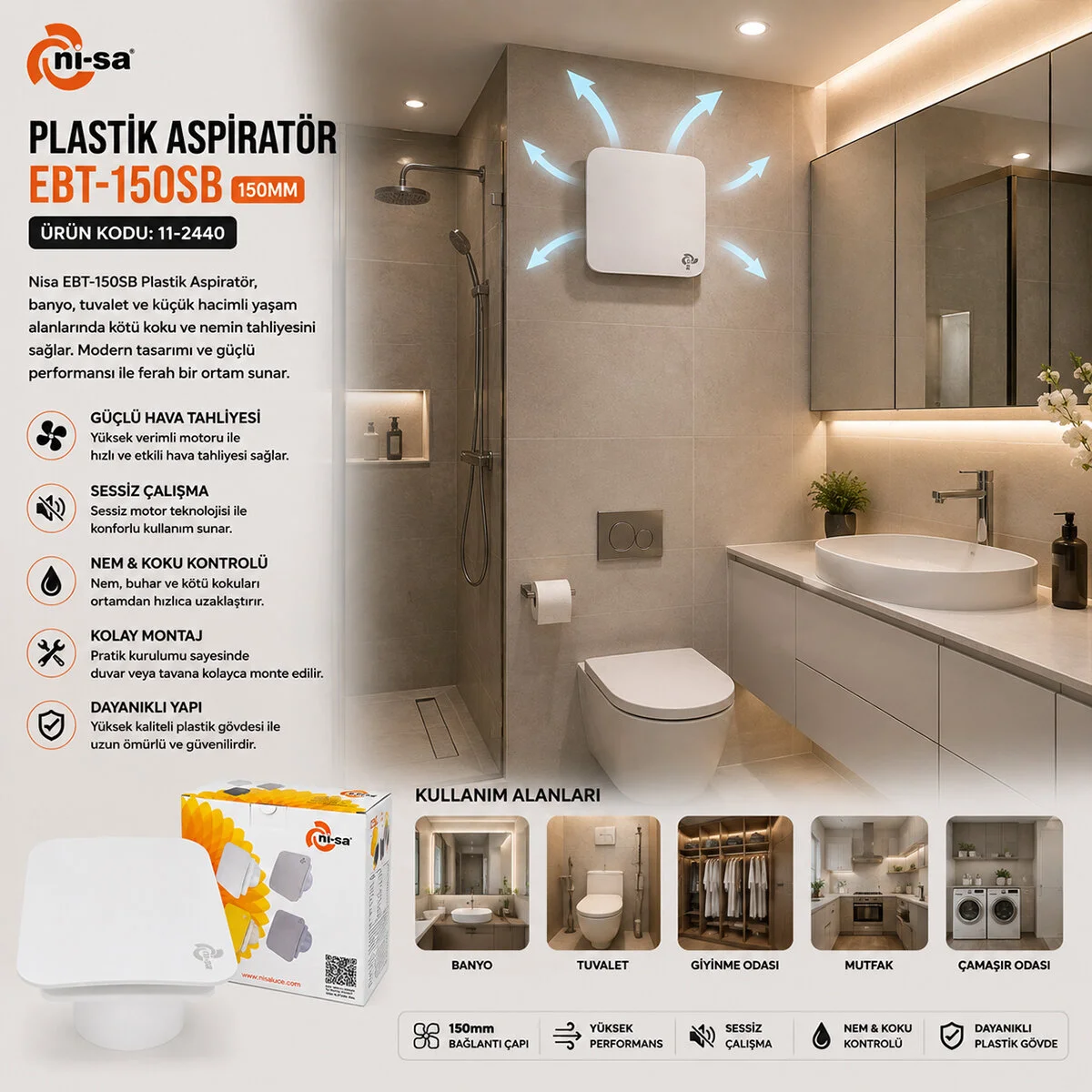 Plastik Aspiratör 150 Beyaz Banyo Tuvalet Havalandırma Aspiratörü 20W 2800RPM 320M3/H EBT-150SB görsel 3