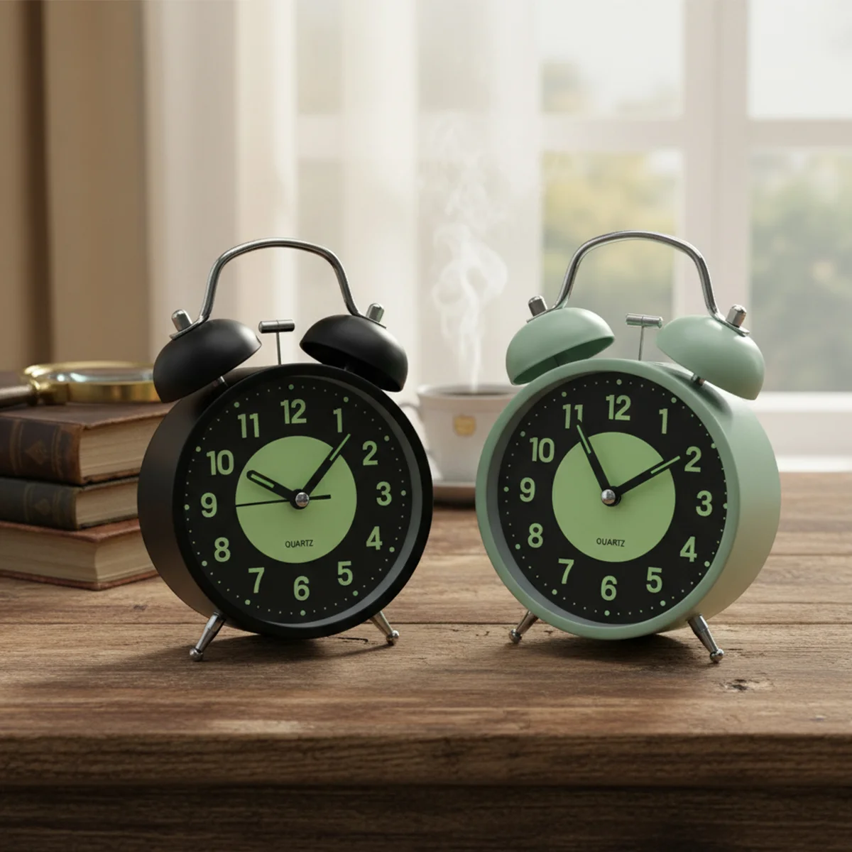 Twin Bell Metal Masa Çalar Saat 11 cm – Pilli, Işıklı, Fosforlu görsel 3