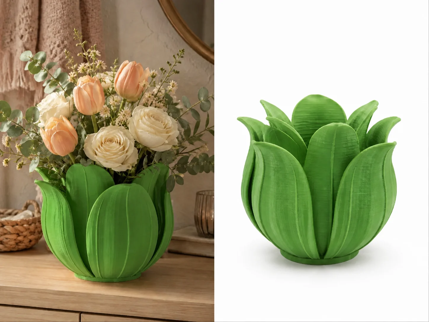 3D Baskı Lotus Yapraklı Vazo - Dekoratif Çiçeklik-Yeşil