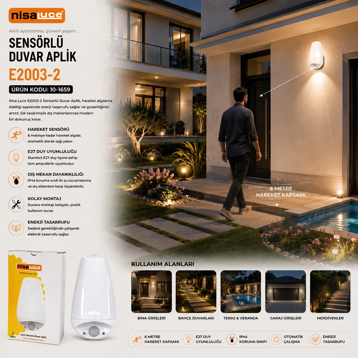 E27 - IP20 Soft 0,4W - 50W Çınar Sensörlü Led Aplik Duvar Lambası E2003-2 görsel 2
