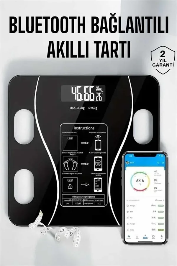 Akıllı Tartı Bluetooth Bağlantılı Yağ Ölçebilen Tartı Yeni Nesil görsel 2