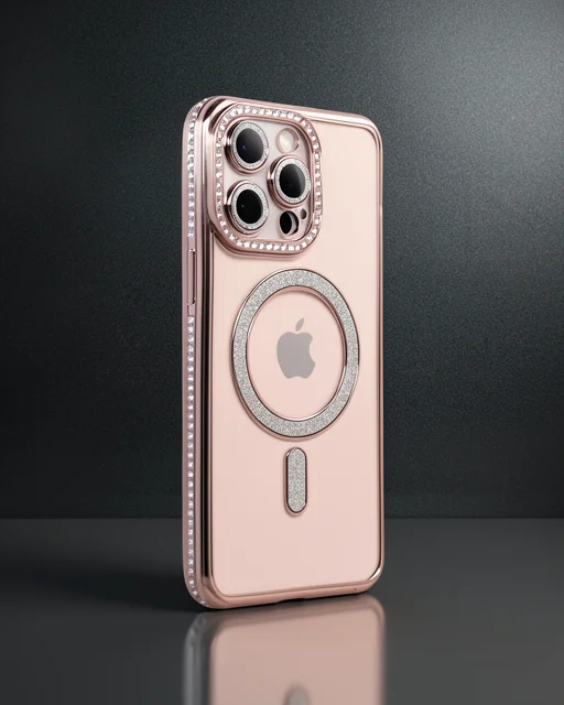 Apple İphone 15 Pro Max Kılıf Joke Simli Magneticsafe Kılıf - Pembe