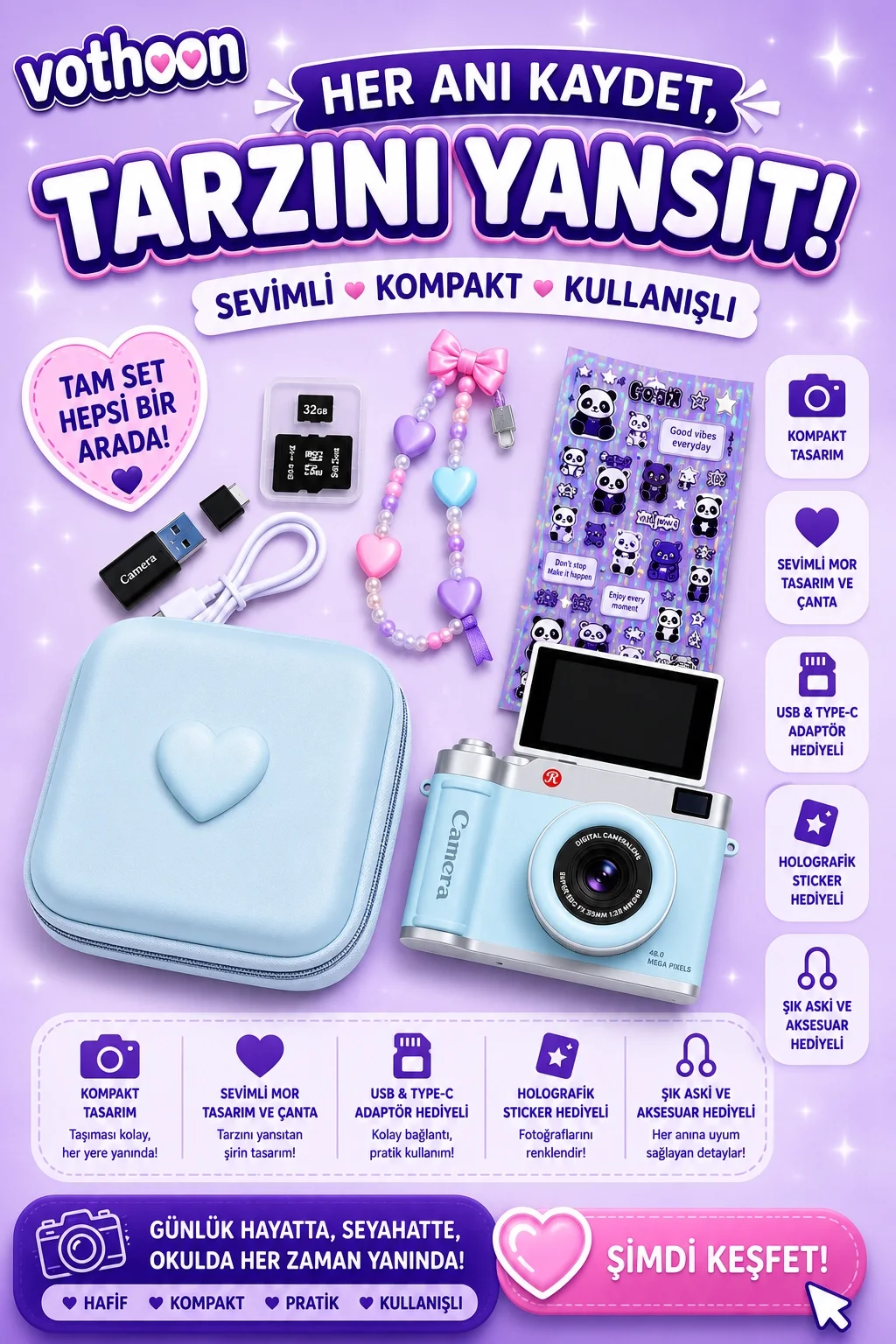 4K Çantalı Dijital Retro Video Kamera 48MP 16X Zoom Işıklı (32GB) Kart Dijital Fotoğraf Makinesi Mavi