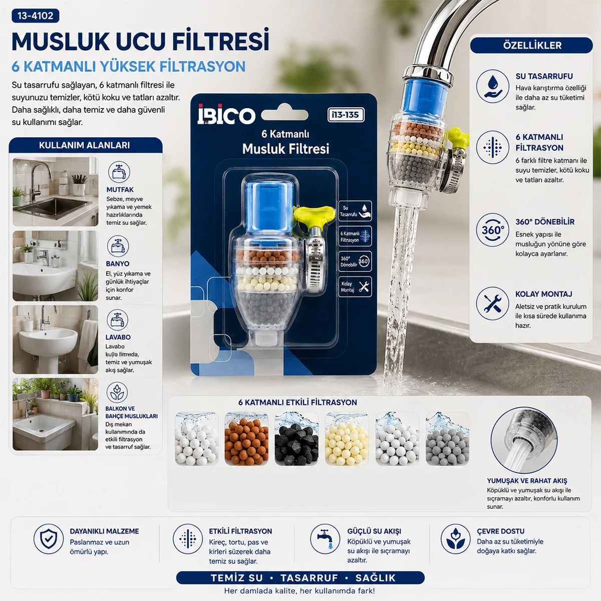 Musluk Ucu Filtre 6 Katmanlı 360° (16-19mm Uyumlu) görsel 2