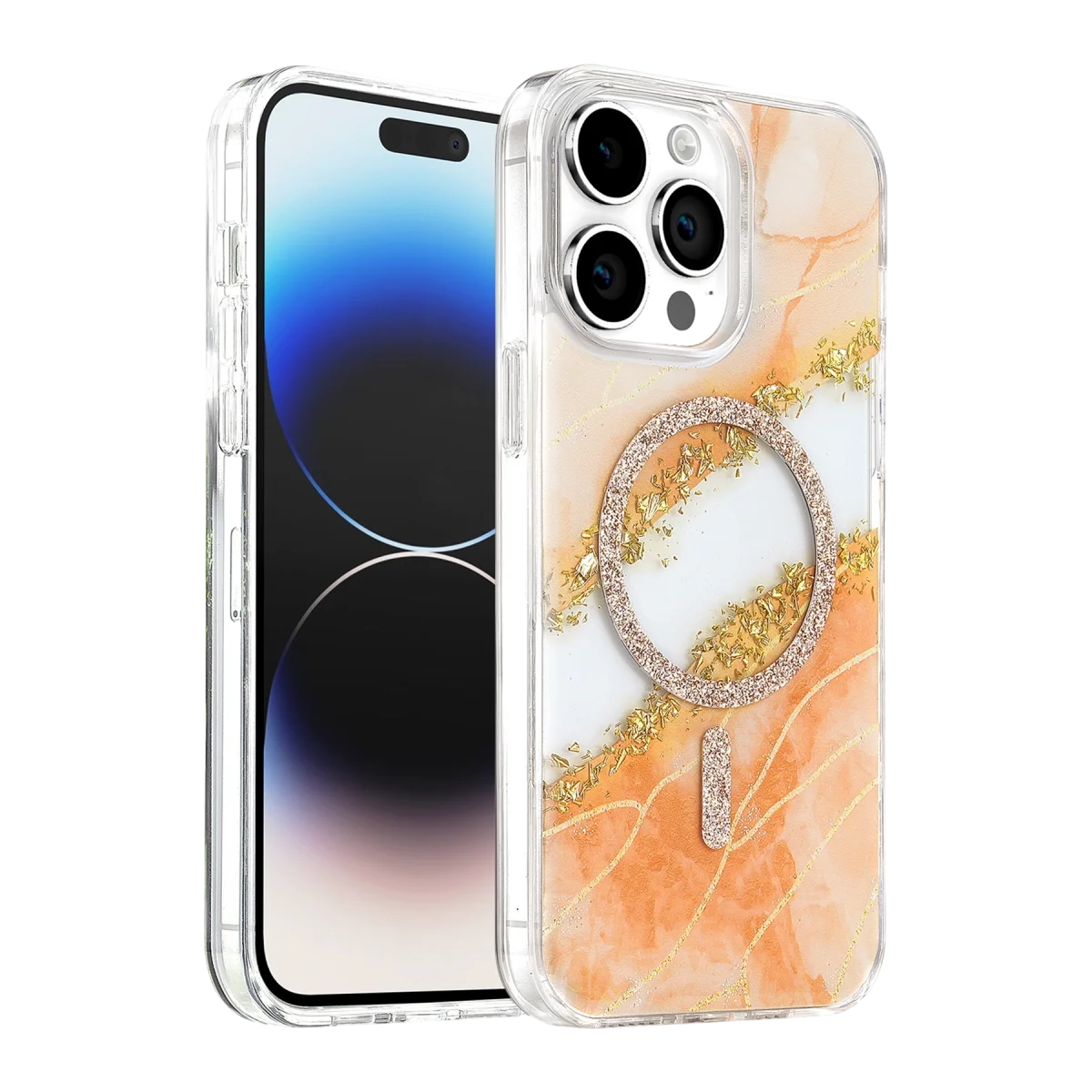 Onegif Apple İphone 15 Pro Max Lotus Simli Magsafe Kapak - Turuncu