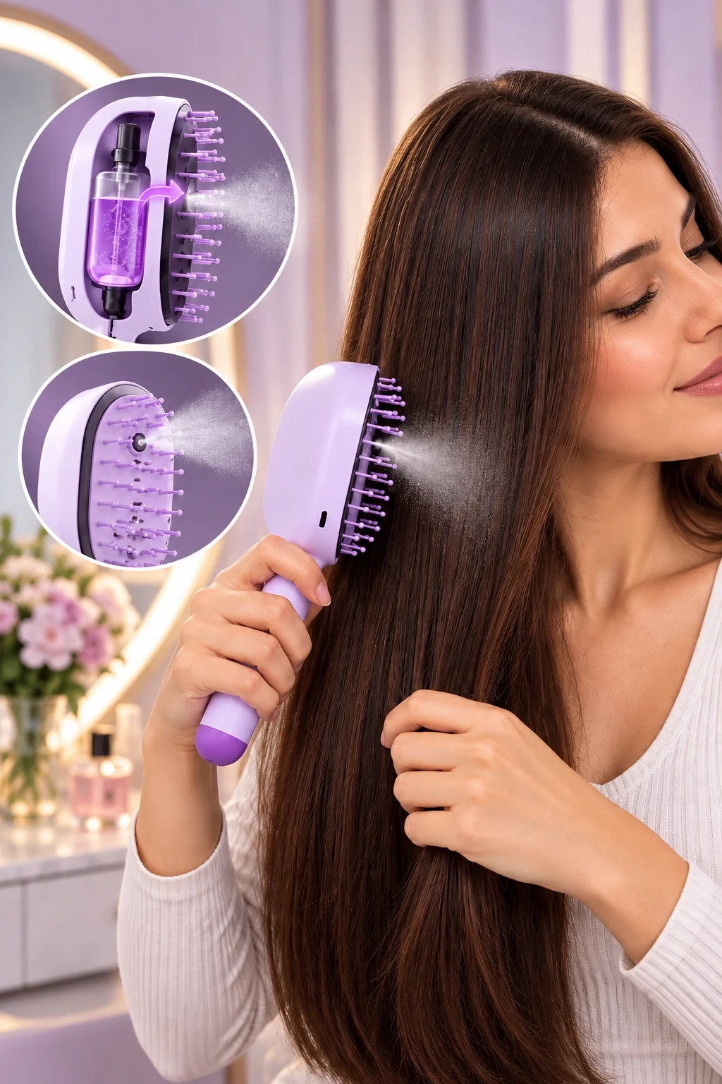 Elektrikli Spreyli Saç Tarağı 300 mAh Type‑C Şarjlı İnce Spreyli Antistatik Bakım Fırçası mor görsel 2