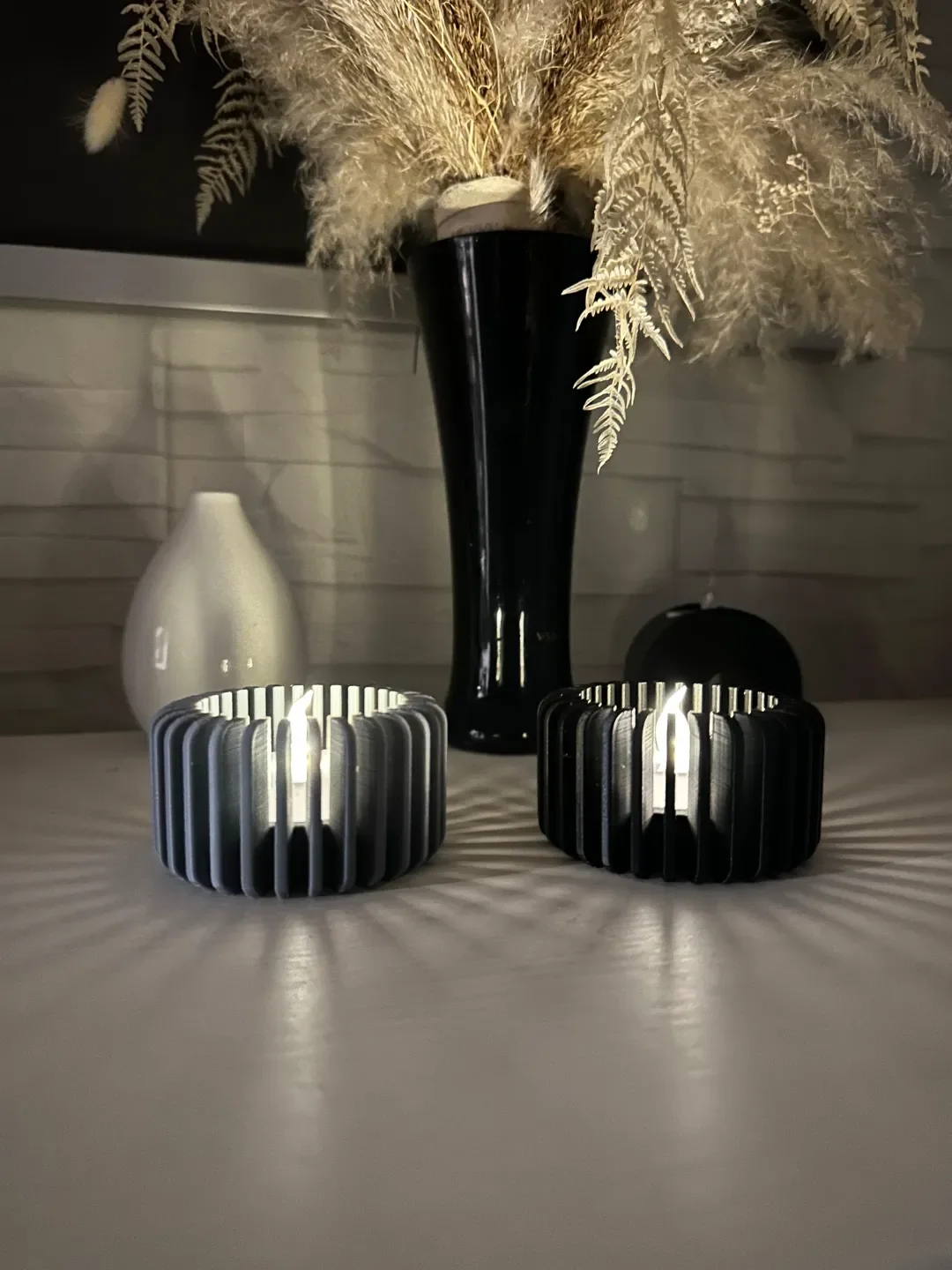 3D Baskı Modern Çizgili Mumluk - Tealight Mumluk (1 Adet)-Gri görsel 2