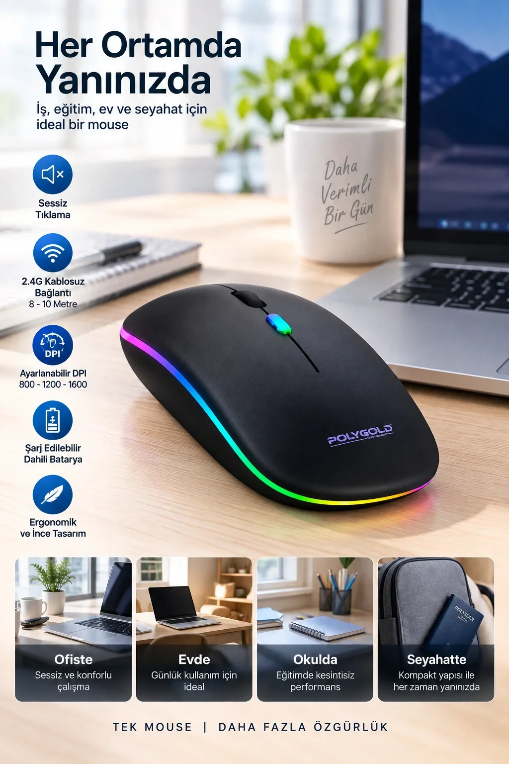 8 10 Metre Menzilli Şarj Edilebilir Kablosuz Mouse görsel 4