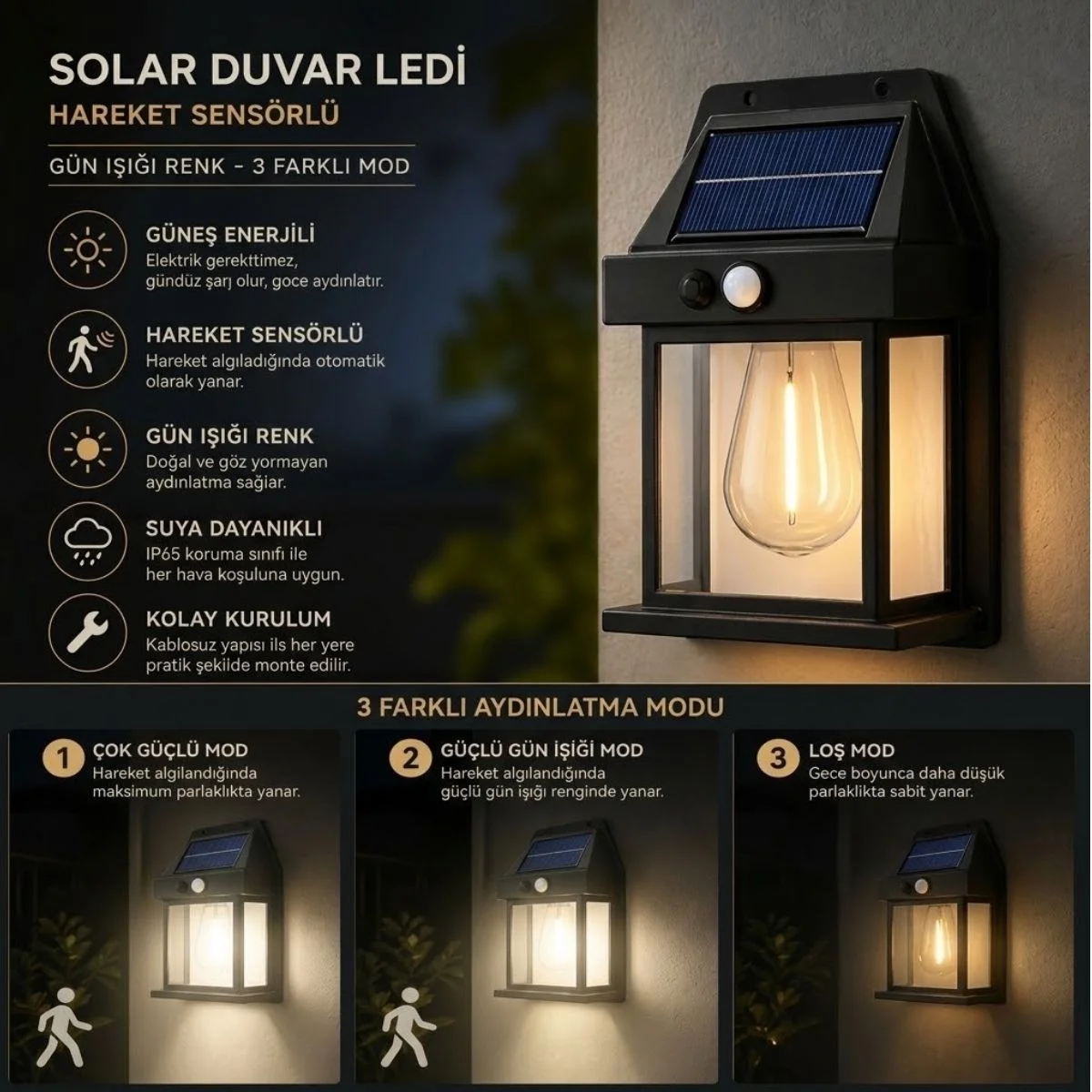 Ampul Model 3 Modlu Solar LED Duvar Lambası, Güneş Enerjili, Şarjlı Kablosuz Dış Mekân Apliği, Bahçe ve Kapı Lambası görsel 5
