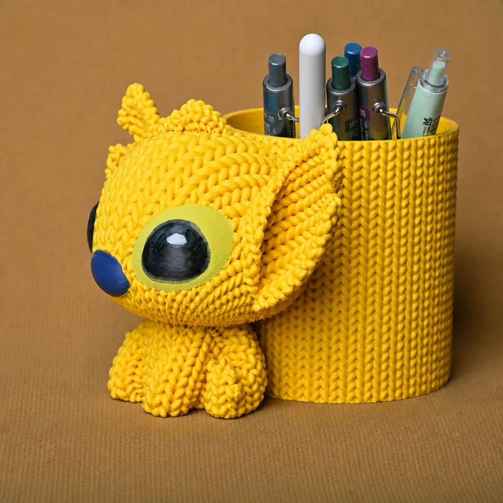 3D Baskı Knitted Kalemlik - Sevimli Karakterli Masaüstü Kalem Organizeri-Sarı görsel 3