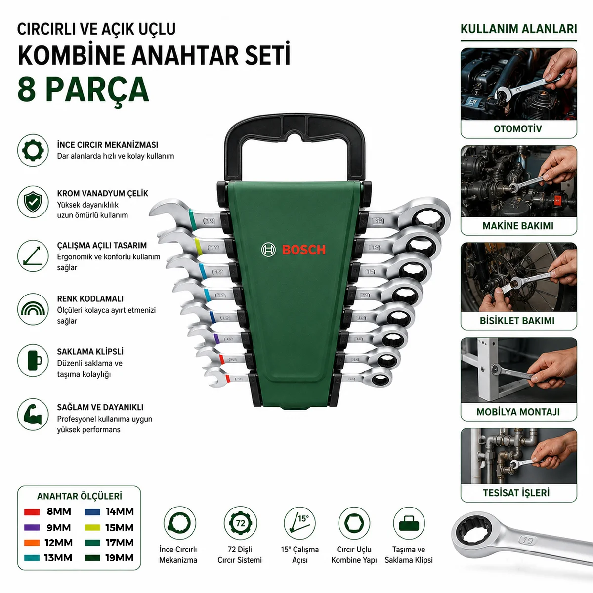 8 Parça 8-19 mm Kombine Anahtar Takımı (Plastik Standlı, Taşıma Aparatlı) görsel 2