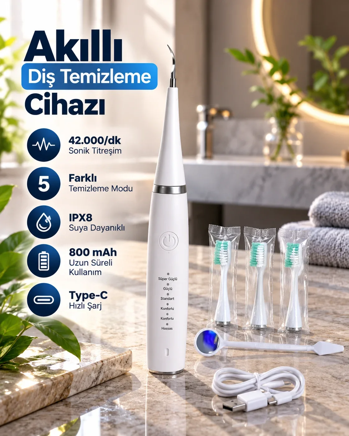 Sonic Titreşimli Akıllı Diş Temizleme Cihazı Type C Şarjlı 5 Kademeli Temizleme Sistemi