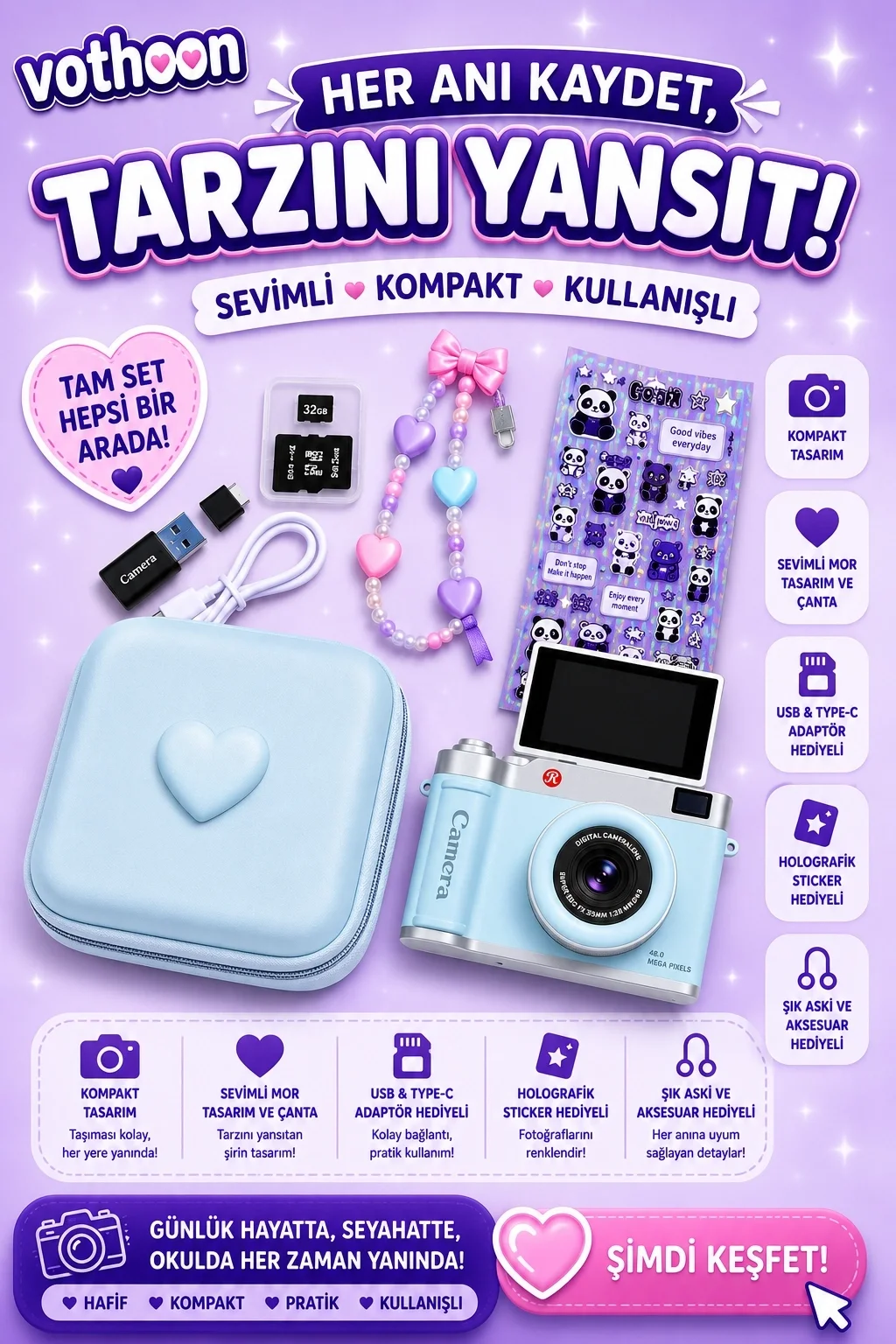 4k Çantalı Dijital Retro Video Kamera 48mp 16x Zoom Işıklı (32gb) Kart Dijital Fotoğraf Makinesi Mavi