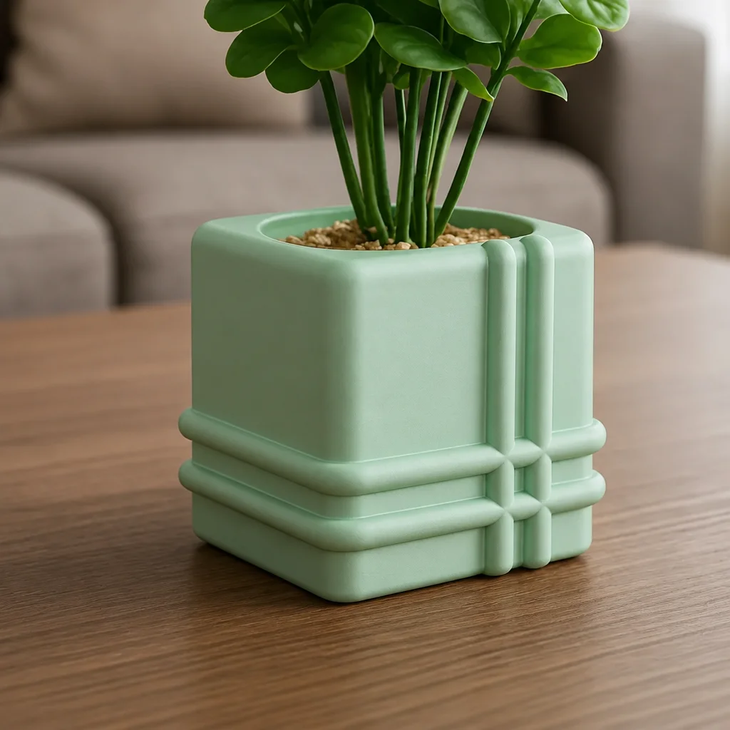 3D Baskı Square Planter - Izgara Desenli Küp Saksı-Mint