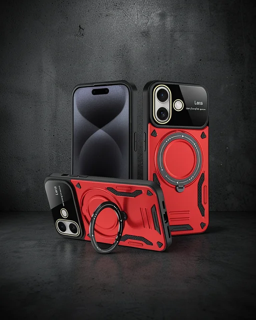 Apple İphone 16 Kılıf Joy Lens Standlı Kapak - Kırmızı