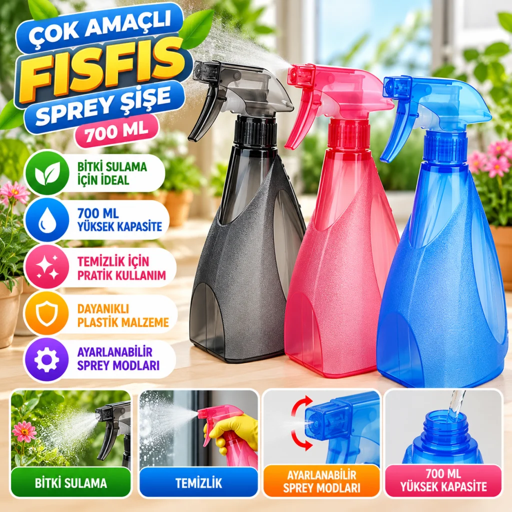Çok Amaçlı Fısfıs Çiçek Sulama Plastik Su Sprey Şişesi 700 ml TP-219 - 1 Adet Stokta Olan Renk Gönderilir