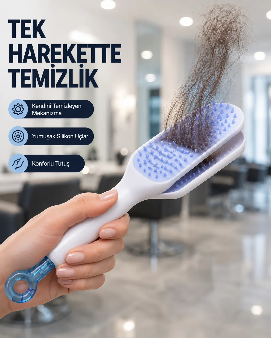 Kendi Kendini Tezleyen Saç Tarağı – Anti-Statik, Silikon Uçlu, ABS Malzeme, 22x4 cm