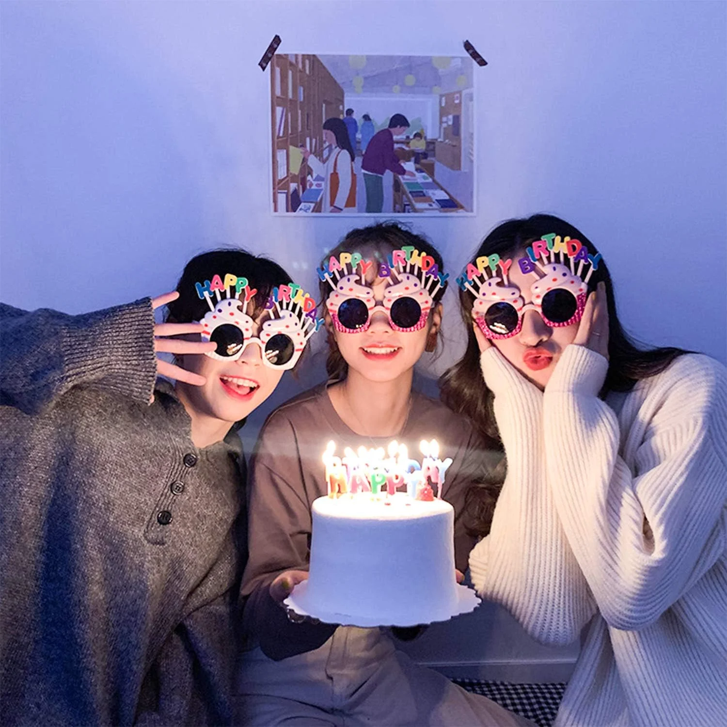Happy Birthday Yazılı Pembe Fuşya Renk Parti Gözlüğü 12x7 cm görsel 3
