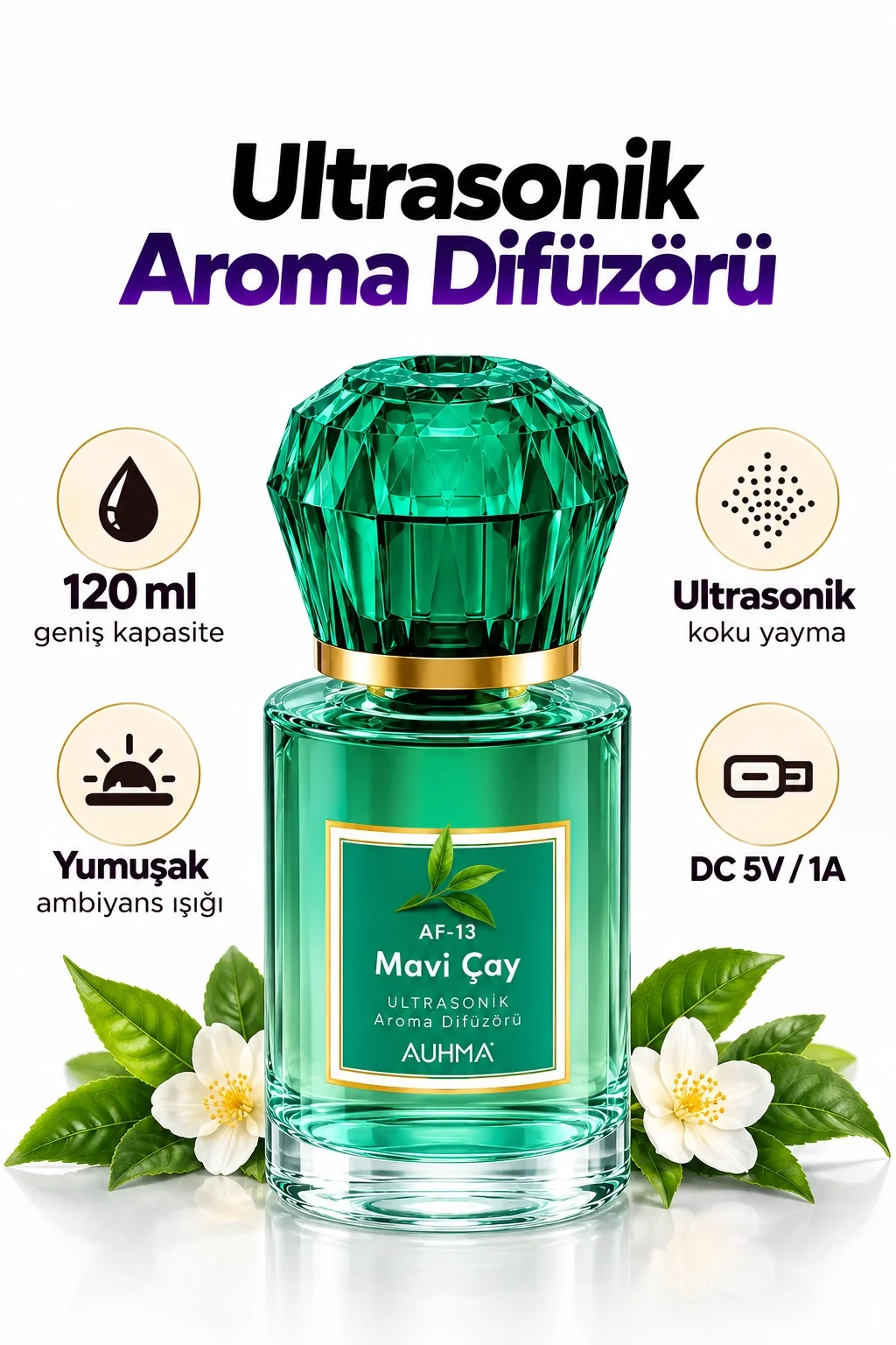 Ultrasonik Aroma Difüzörü 120 ML Mavi Çay Kokulu LED Işıklı Araç ve Oda Kokusu