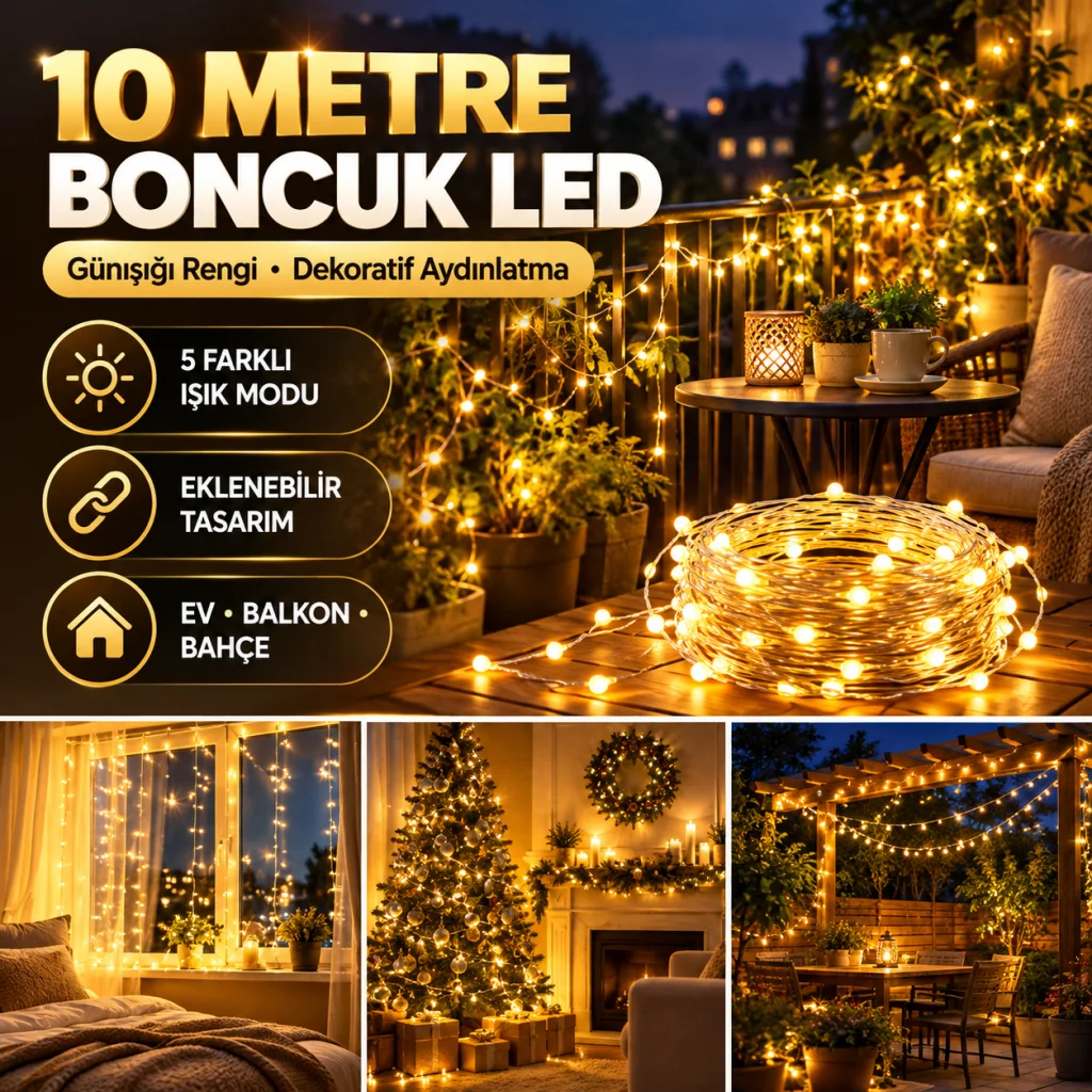 Günışığı Renk 5 Farklı Işık Modlu 10 Metre Eklemeli Dekor Boncuk Model Dekoratif Led