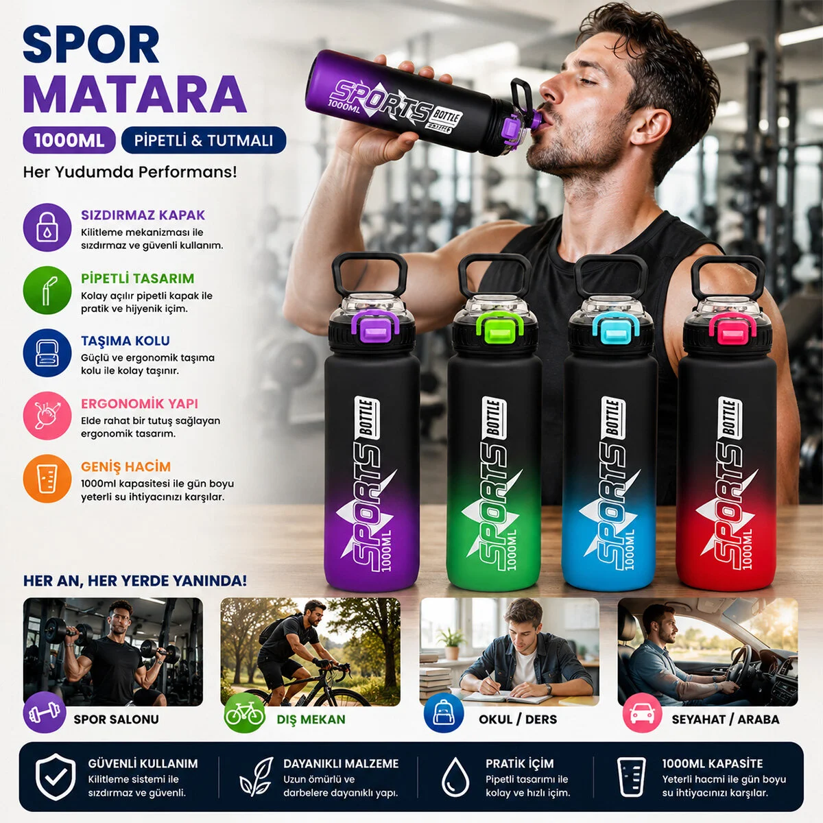 Çift Renkli Tutmalı Plastik Pipetli Spor Matara Suluk 1000ML Herhangi Bir Renk Gönderilir görsel 2
