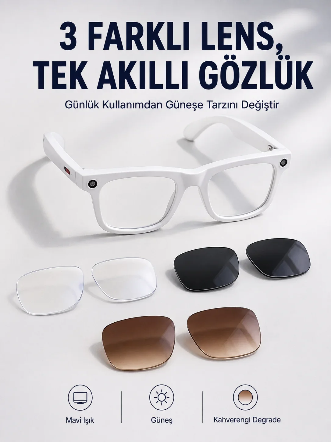 Yapay Zeka Destekli Akıllı Gözlük Dahili Kameralı Bluetooth Müzik ve Arama Özellikli Ses Kontrollü Değiştirilebilir Lensli