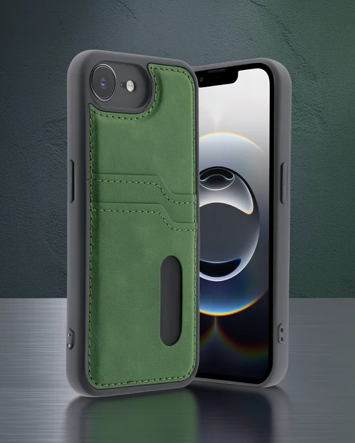 Apple İphone 16e Kılıf Sara Kartvizitli Deri Kılıf - Koyu Yeşil