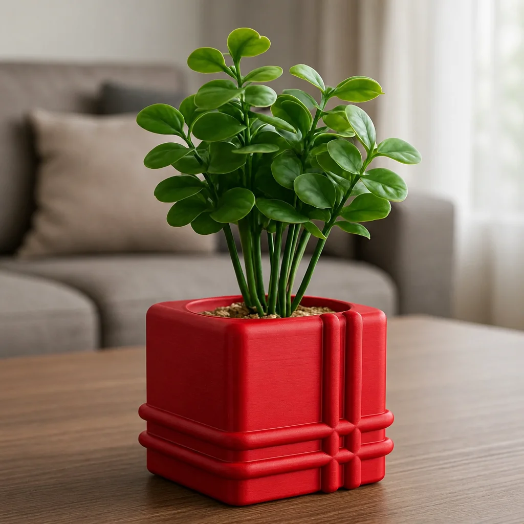 3D Baskı Square Planter - Izgara Desenli Küp Saksı-Kırmızı görsel 2