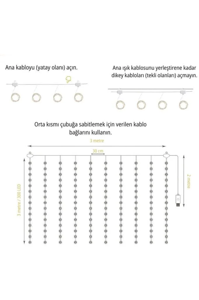 Torima LW-7 300 Ledli 10 Sarkıt Perde Led Işık, 8 Modlu Uzaktan Kumandalı, 3x3 Metre Peri Telli Led görsel 3