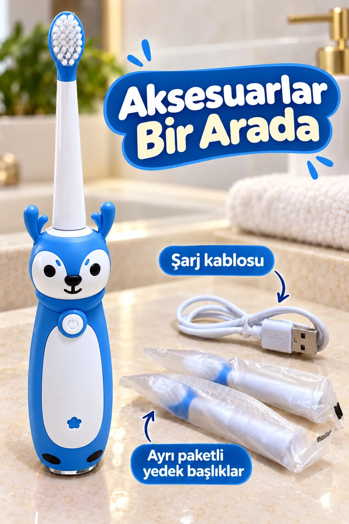 Çocuk Elektrikli Diş Fırçası Mavi Geyik Figürlü Şarjlı görsel 3