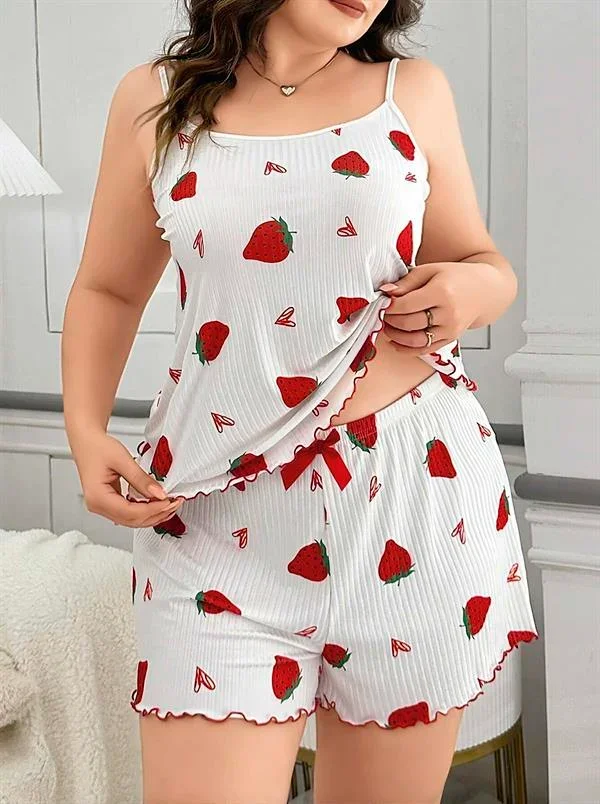 Büyük Beden Çilek Desen Pamuklu Şortlu Pijama Takımı görsel 3