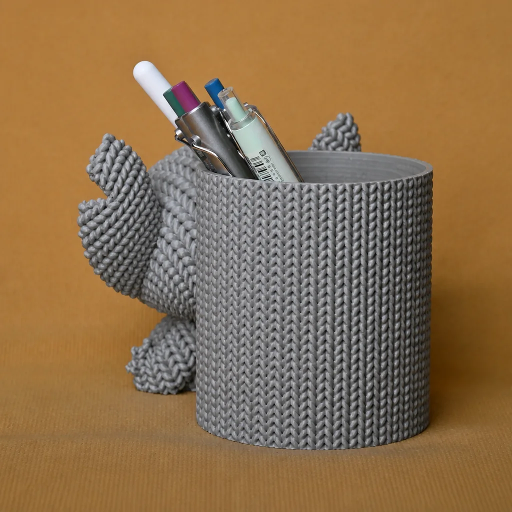 3D Baskı Knitted Kalemlik - Sevimli Karakterli Masaüstü Kalem Organizeri-Gri görsel 2