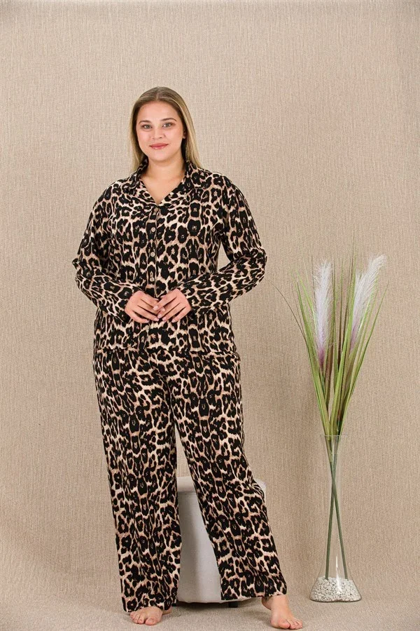 Büyük Beden Leopar Desenli Düğmeli Uzun Kol Viskon Pijama Takımı görsel 2