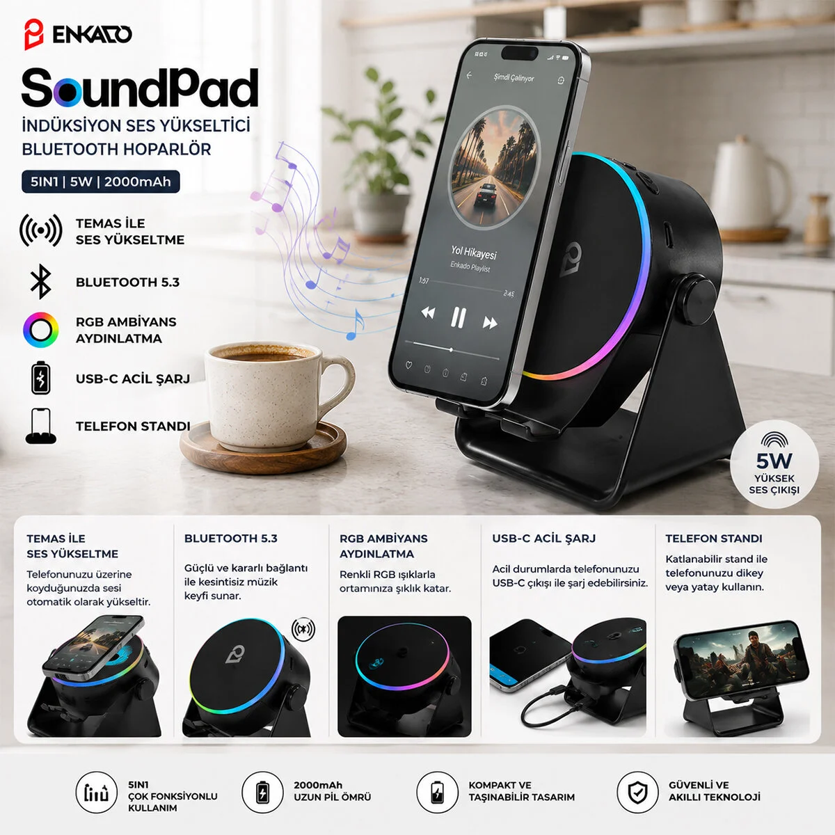 SOUNDPAD 5IN1 - 5W - 2000mAh TEMAS İLE SES YÜKSELTME - TELEFON STAND - USB-C ŞARJ SİYAH İNDİKSİYON SES YÜKSELTİCİ BLUETOOTH HOPARLÖR SPEAKER EKD-S10 görsel 5