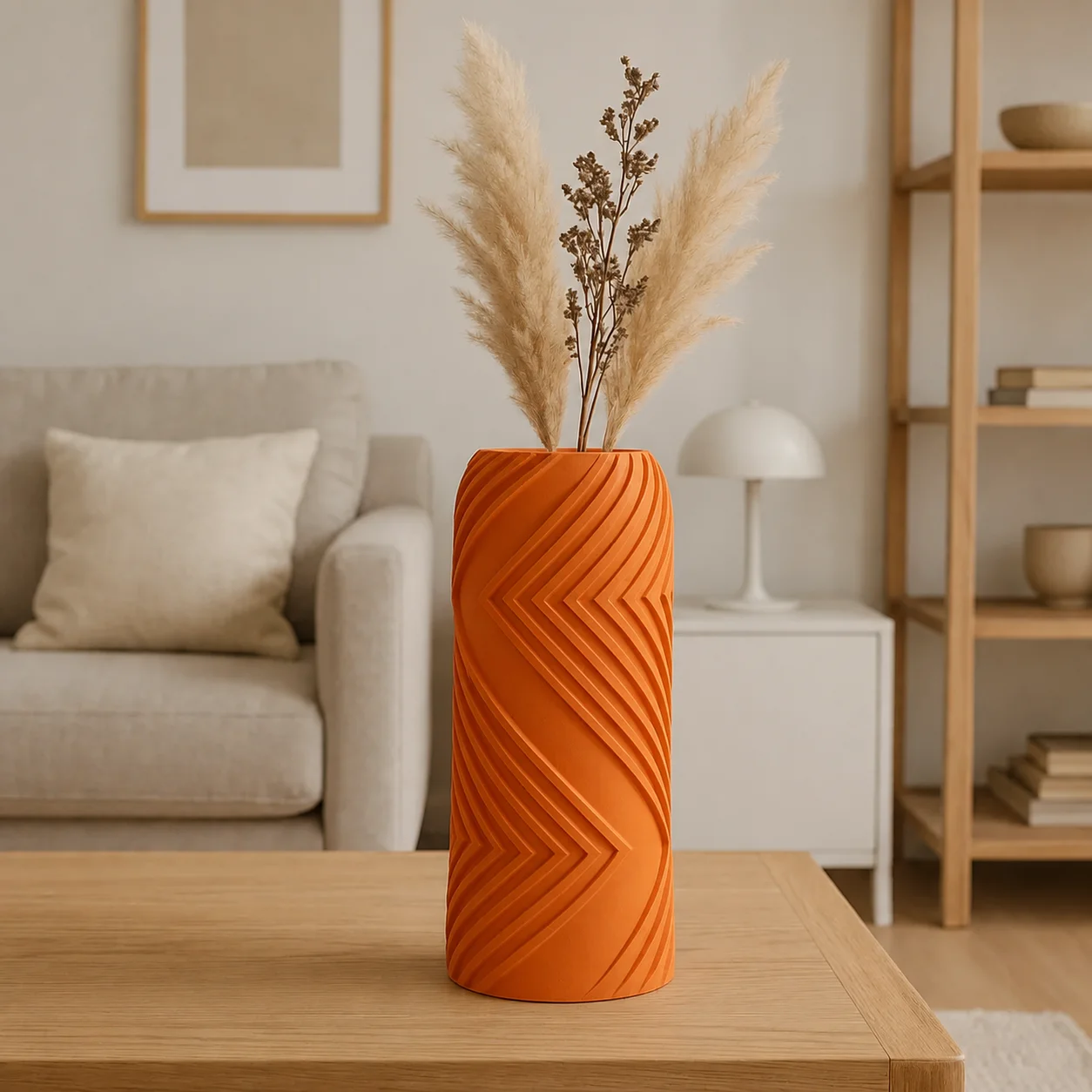 3D Baskı Vector Vazo - Geometrik Çizgili Dekoratif Vazo-Turuncu