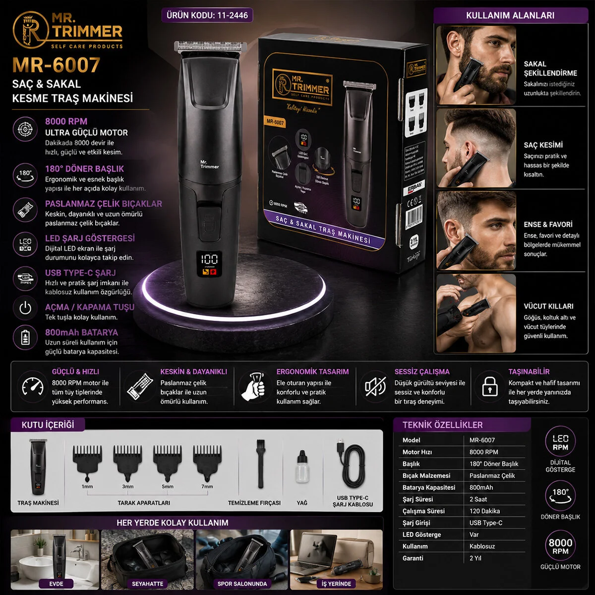 Saç Sakal Kesme Traş Makinesi Şarjlı Dijital Göstergeli 180° Döner Başlık 3-6-9-12MM Tarak MR-6007 görsel 2