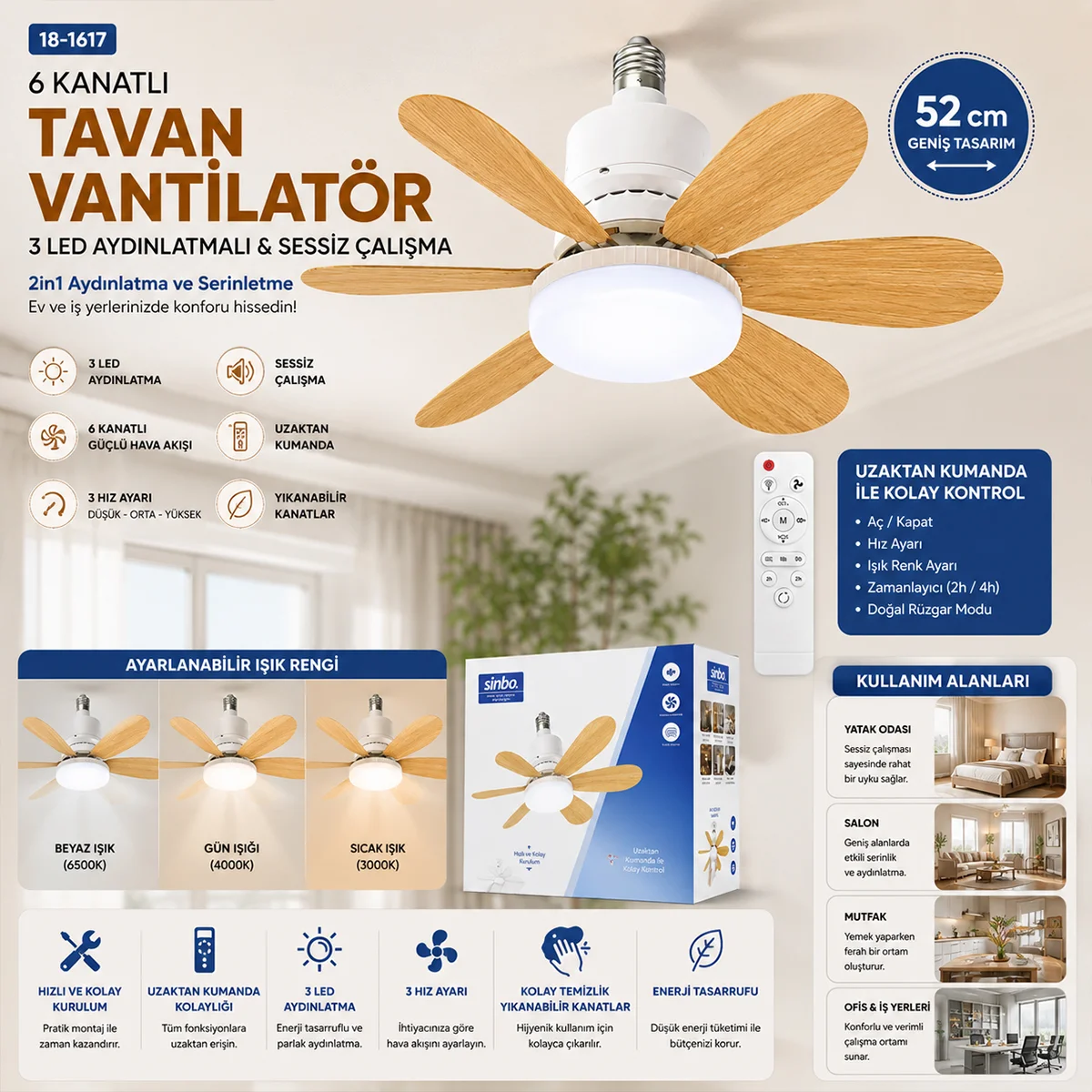 Kumandalı Tavan Vantilatör Avize - 6 Kanat 52cm 3 Kademe görsel 4