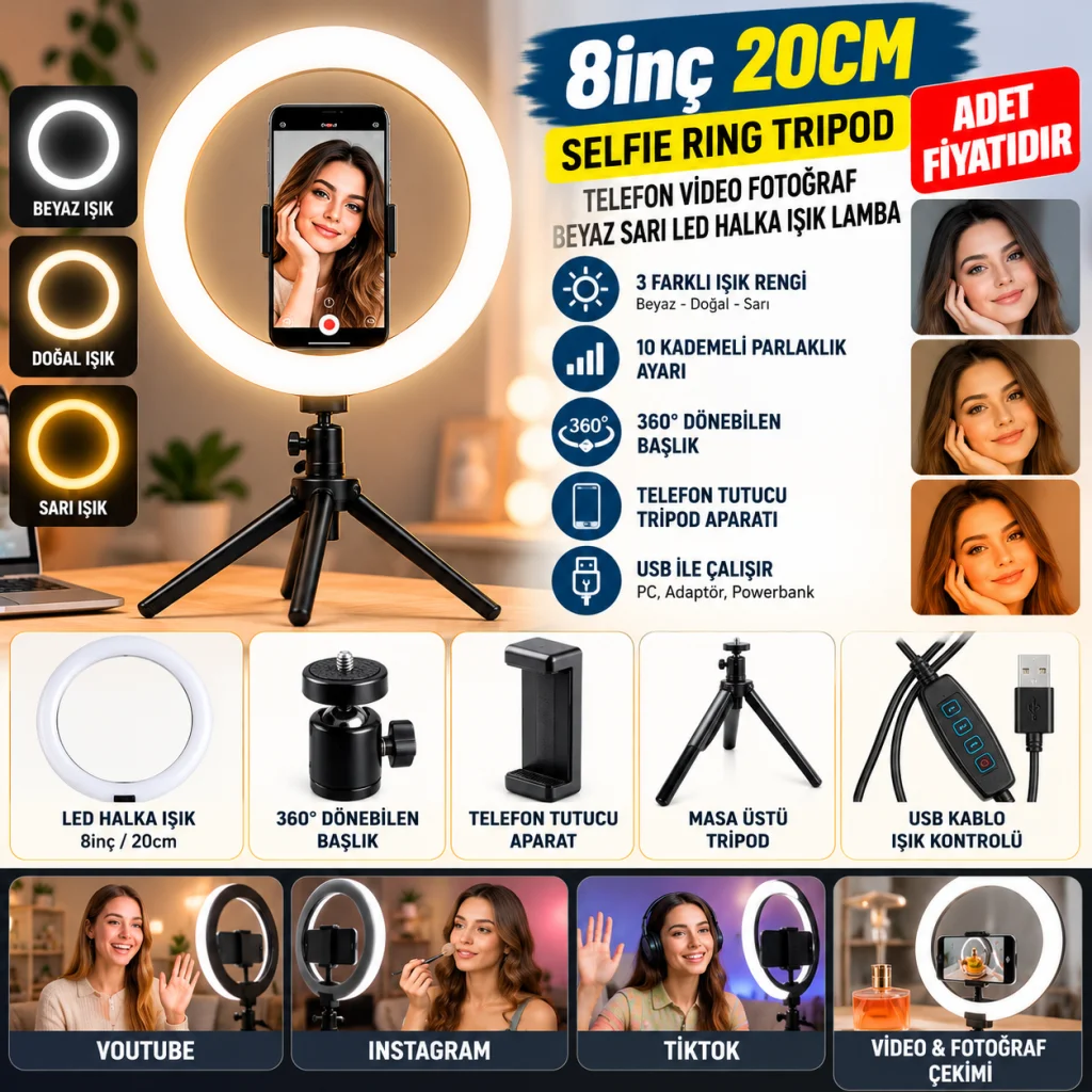 8inç 20cm Youtube Instagram Tiktok Selfie Stüdyo Video Fotoğraf Ring Light Tripod Led Halk