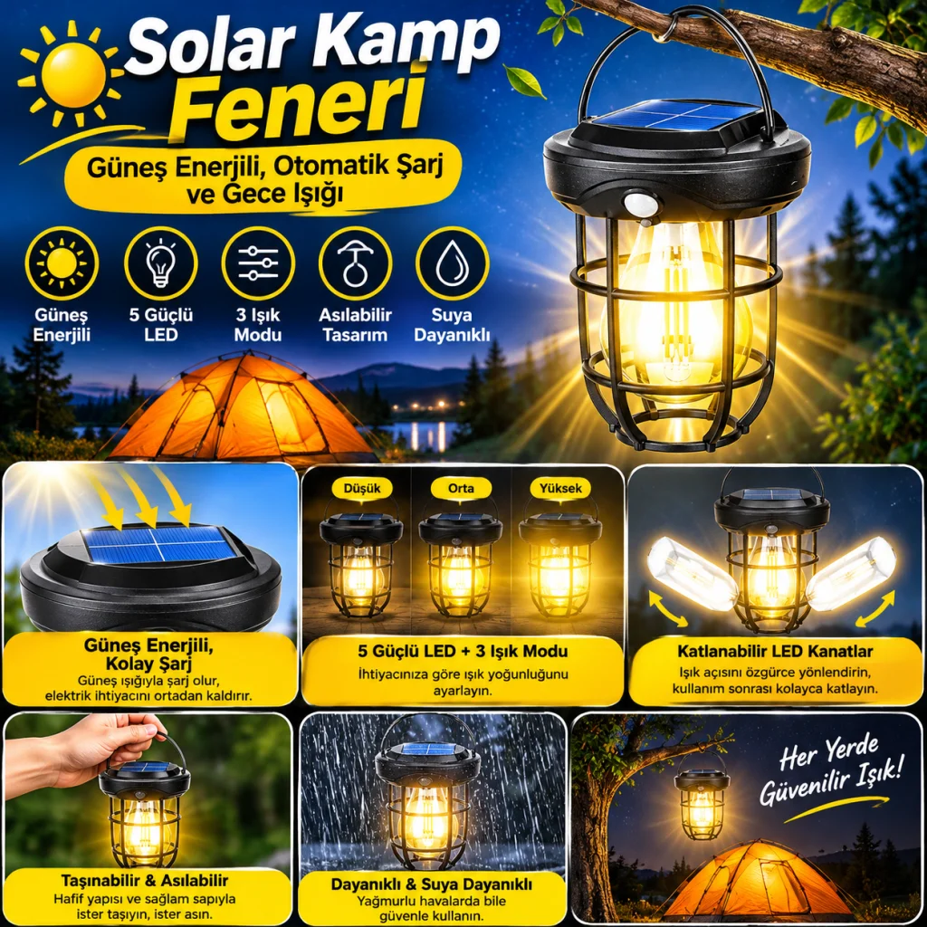Solar Kamp Feneri – Güneş Enerjili, Otomatik Şarj ve Gece Işığı, Taşınabilir ve Asılabilir LED Dış Mekan Lamba