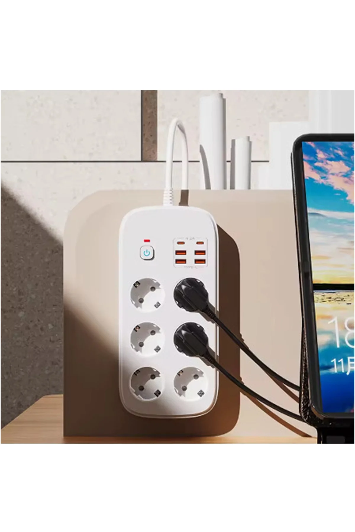 Termal Akım Korumalı 6’lü Priz 4x USB 2x Type-C Çıkışlı Grup Priz Çoğaltıcı (3500W) Siyah görsel 6