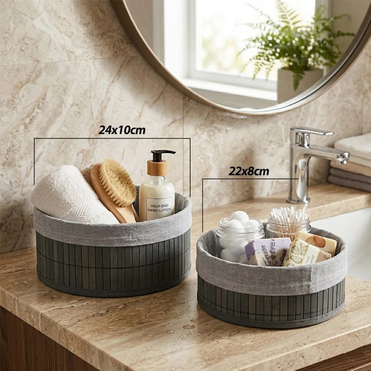 Yuvarlak Organizer Sepet - Bambu Kenarlı Ahşap Taban Bezli (Çap 22x24 cm) görsel 3