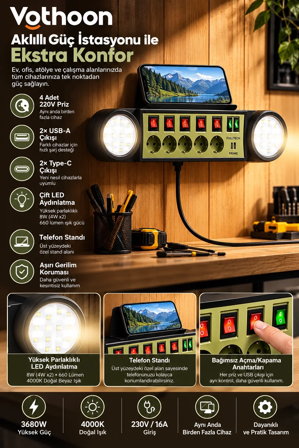 Akıllı Masaüstü Duvar Tipi Akım Korumalı 5’li Priz 3680W LED Işıklı USB-A Type-C Telefon Standlı görsel 2