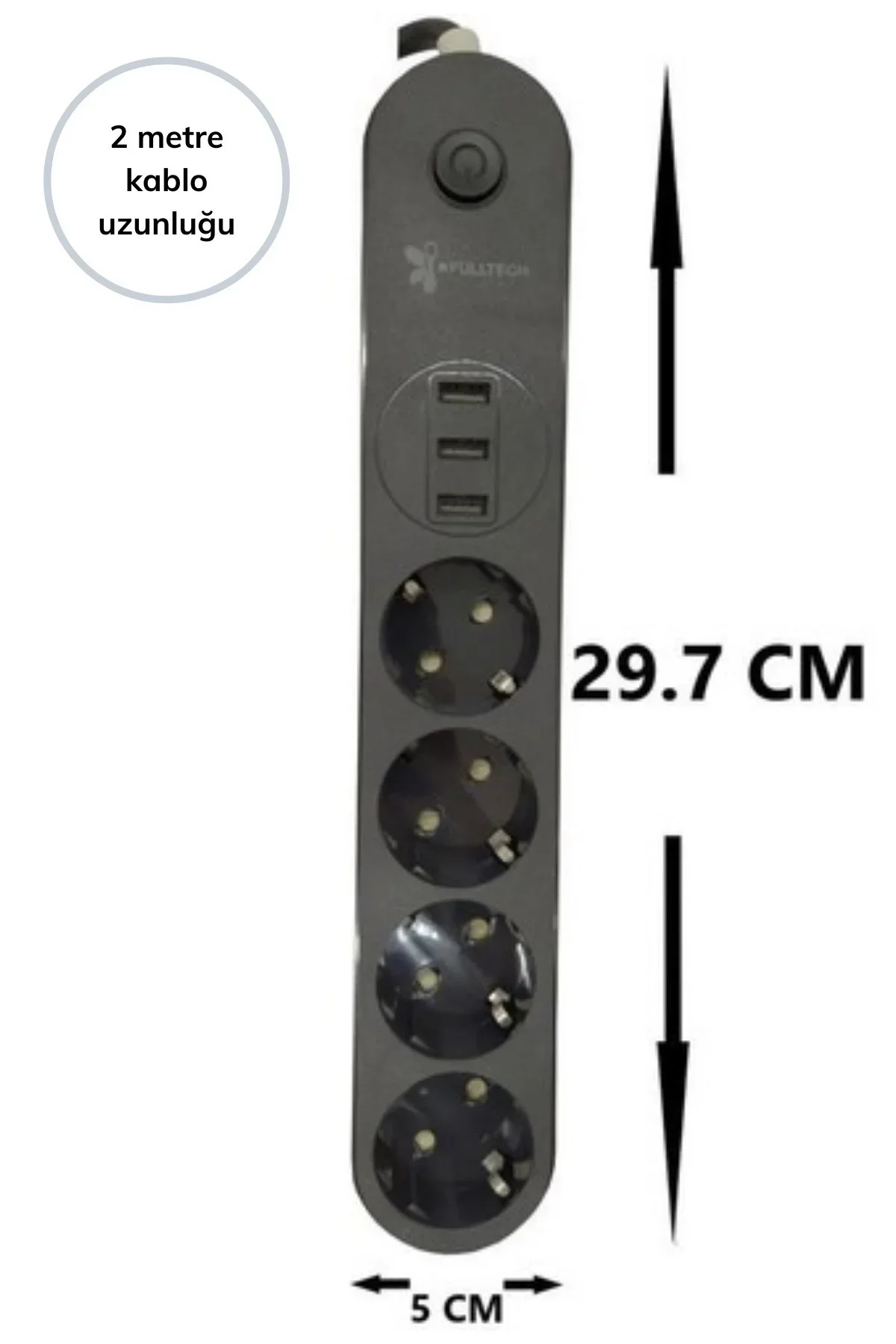 4lü Siyah Anahtarlı 3 USB Li Akım Korumalı Topraklı Çocuk Korumalı Grup Priz 2 Metre görsel 6