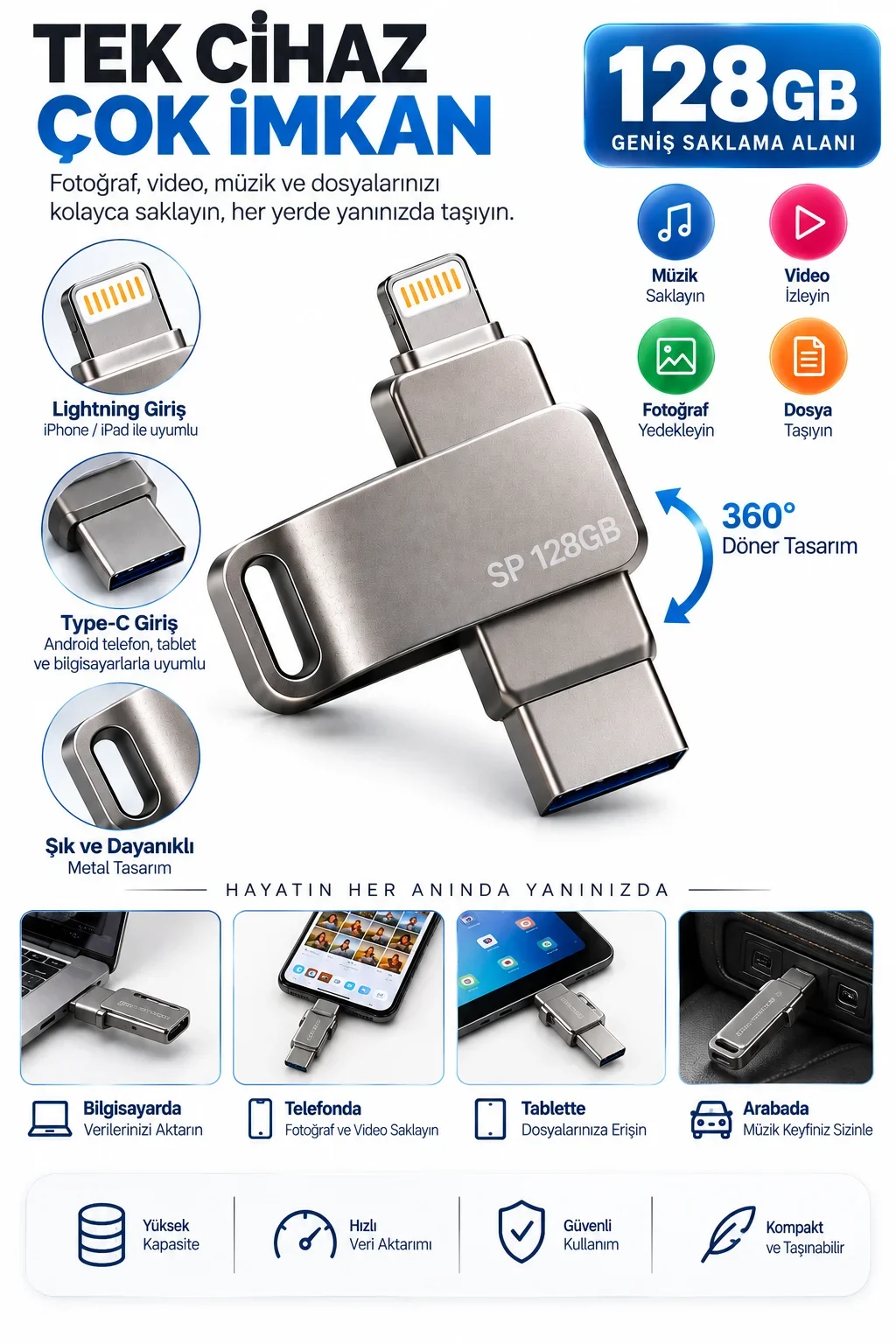 Çoklu Girişli 128GB Lightning Type C USB Flash Bellek Telefon Tablet ve Bilgisayar Uyumlu görsel 5