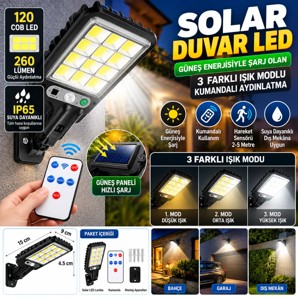 3 Farklı Işık Modlu Güneş Enerjisiyle Şarj Olan Dış Mekan Uyumlu Kumandalı Solar Duvar LEDİ